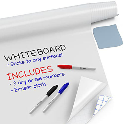 Large Whiteboard Wall Sticker Roll - 17.3" x 96? (6.5 Feet) - 3 Dry Erase Board Markers Included - Adhesive White Board Wallpaper for Fridge, Office & Kids Room - Peel and Stick Paper Decal