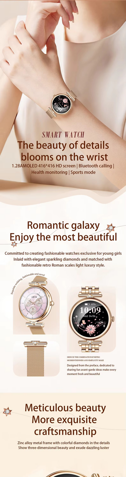 2025 New 1.28inch AMOLED women smart watch with heart rate blood pressure sports smartwatch for lady