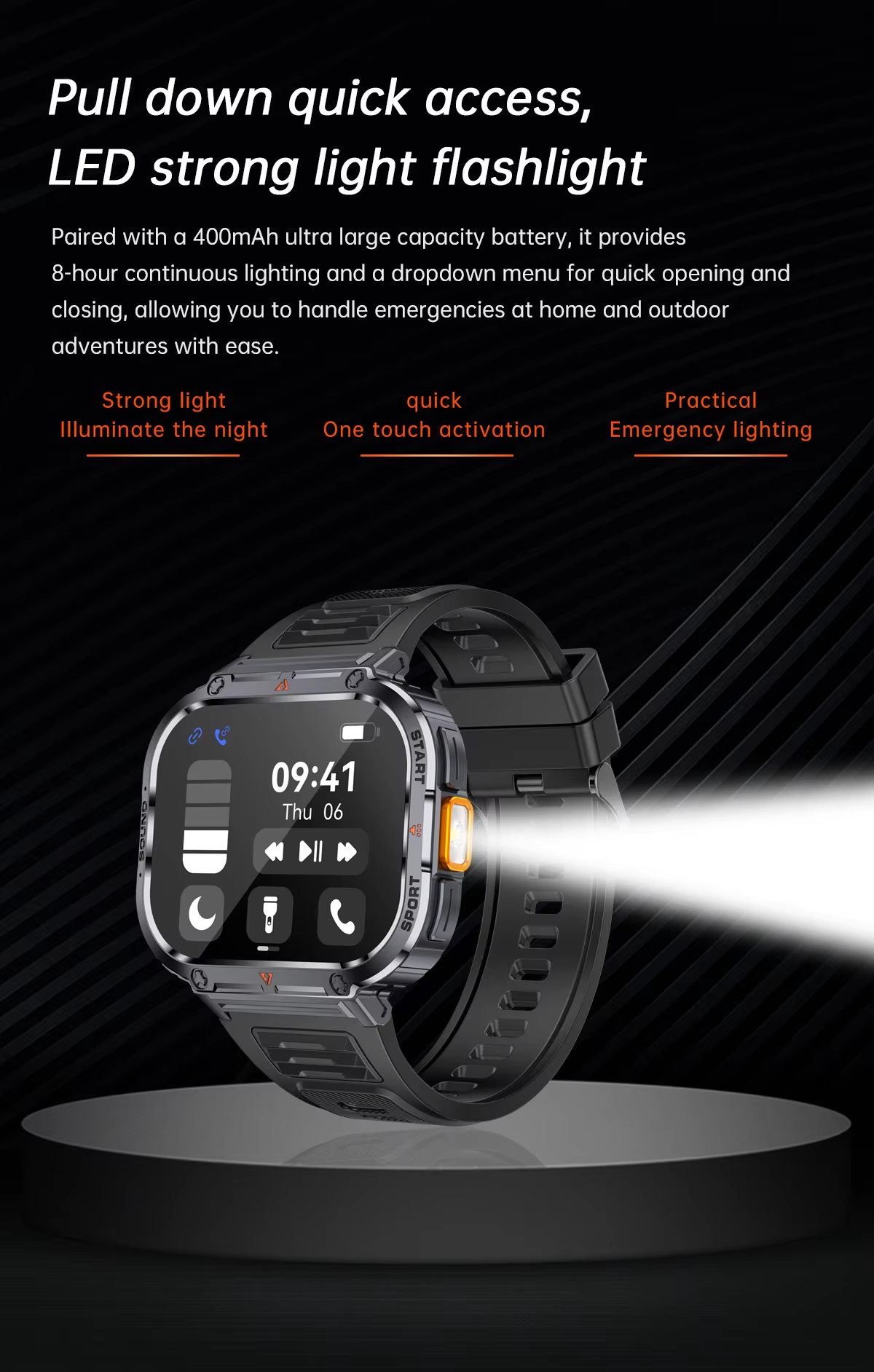 AI Assistant Smartwatch for Men Waterproof Outdoor Flashlight 400mAh Battery BT Call Health Sport Camera Android System