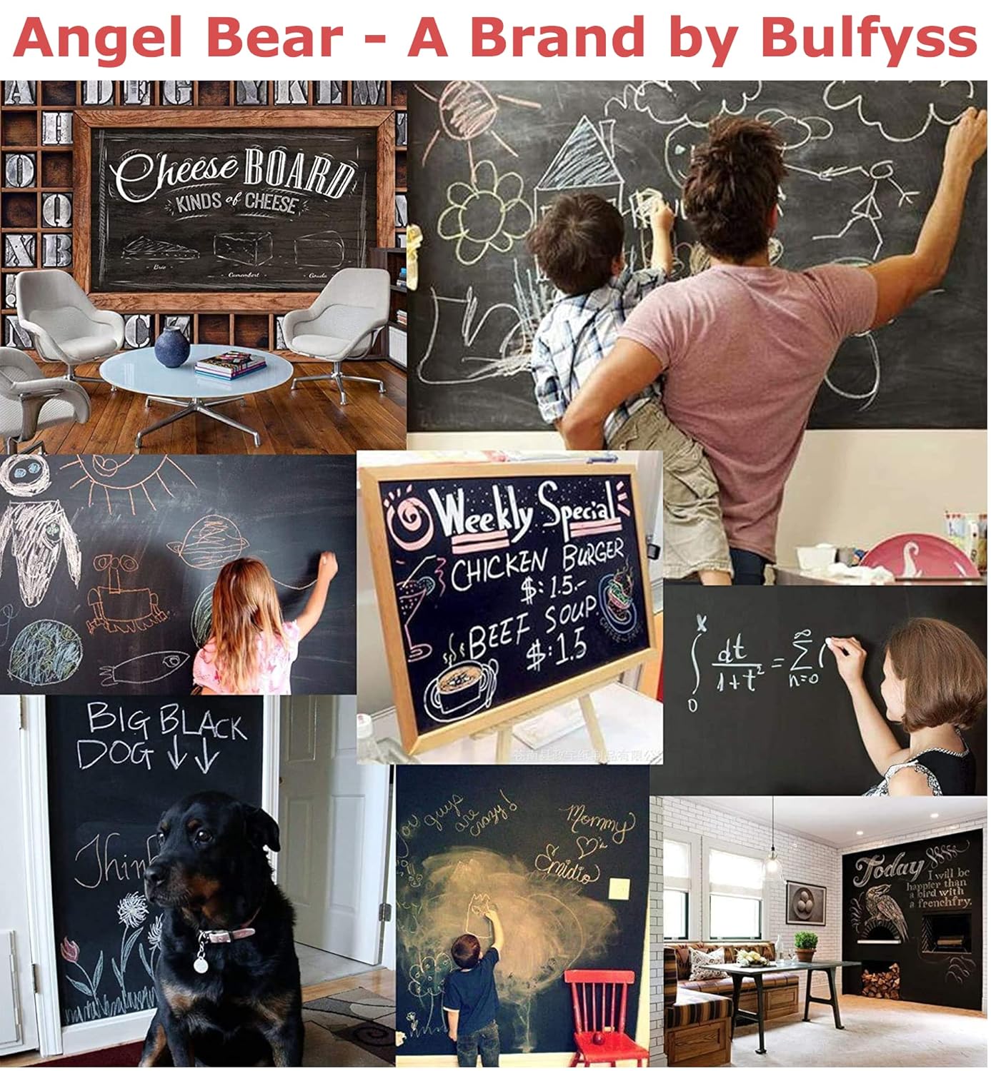 Black Board sticker (45x200cm) Wall Sticker Removable Decal Chalkboard with 5 Chalks for Home School Office College Room Kitchen Kids