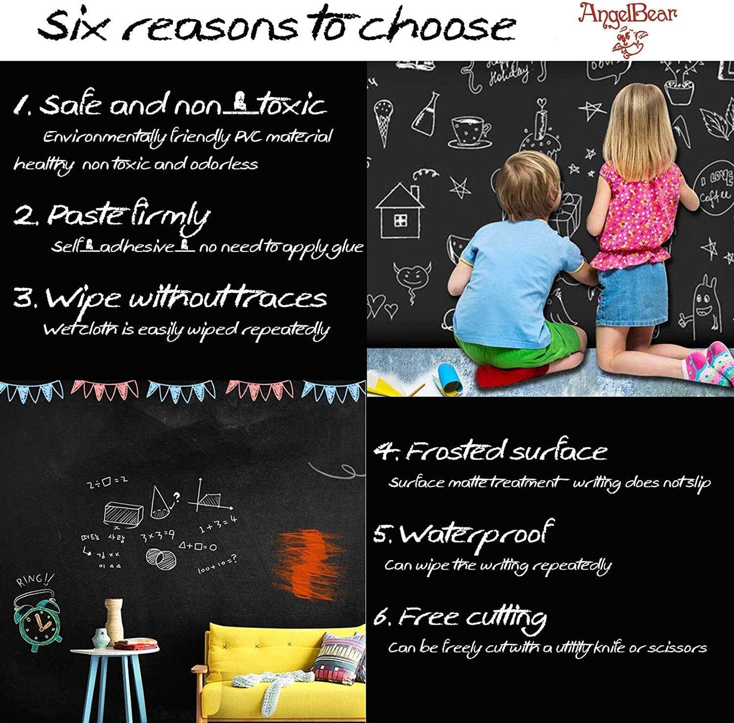 Black Board sticker (45x200cm) Wall Sticker Removable Decal Chalkboard with 5 Chalks for Home School Office College Room Kitchen Kids