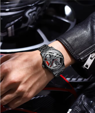 Trendy Car Wheel Watch for Men's Fashion and Personalized Design Quartz Hollow Non Mechanical Watch 3D Rotating Car Modification Timepiece Quartz Watch