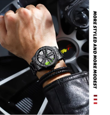 Trendy Car Wheel Watch for Men's Fashion and Personalized Design Quartz Hollow Non Mechanical Watch 3D Rotating Car Modification Timepiece Quartz Watch